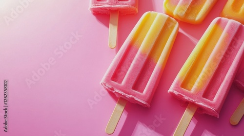 Colorful frozen fruit pops arranged on ice at a summer gathering for refreshi...