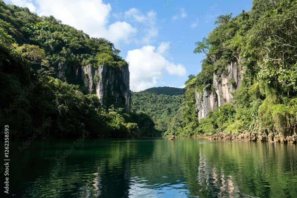 River winds through majestic cliffs and lush forest. Travel use. Serene scene River winds through majestic cliffs and lush forest. Travel use. Serene scene