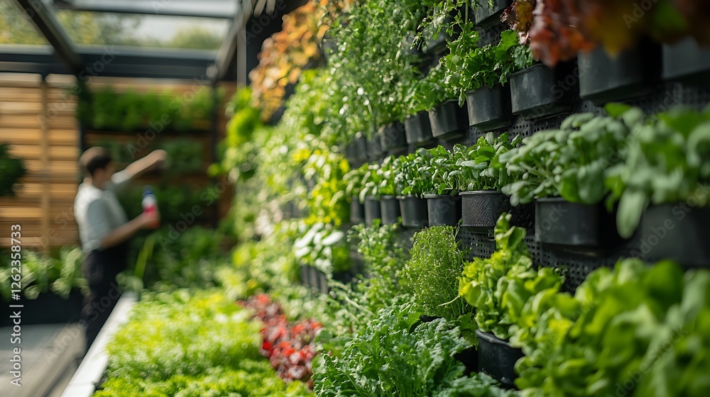 A modern urban garden with a gardener applying liquid fertilizer using a spray bottle, rows of thriving herbs and vegetables growing in vertical planters, a futuristic eco-friendly setting. --ar 16:9 A modern urban garden with a gardener applying liquid fertilizer using a spray bottle, rows of thriving herbs and vegetables growing in vertical planters, a futuristic eco-friendly setting. --ar 16:9