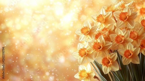 Bright daffodils in a warm glow celebrate springtime beauty in a vibrant outd...
