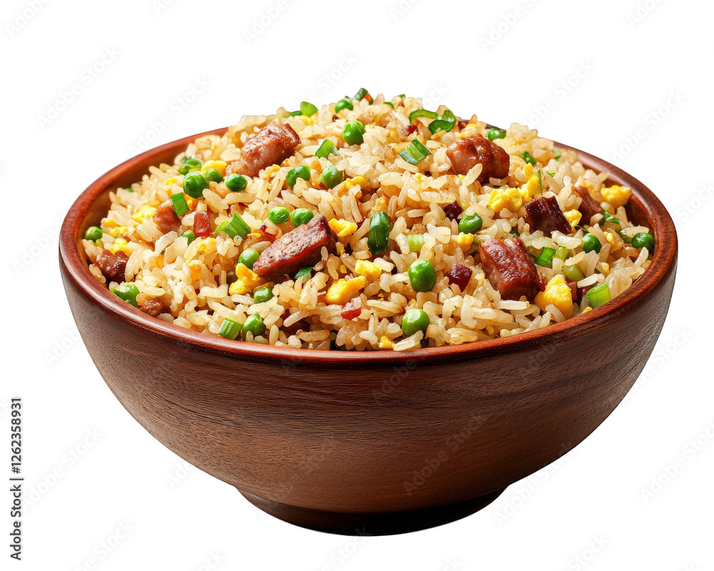bowl of fried rice with pork, scrambled eggs, and green onions, showcasing delicious and colorful dish that is perfect for any meal bowl of fried rice with pork, scrambled eggs, and green onions, showcasing delicious and colorful dish that is perfect for any meal