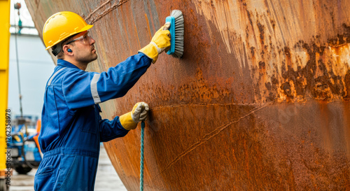 Worker cleans rust from a large ship's hull at a boatyard during daylight hours