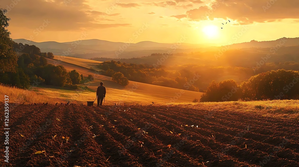Fototapeta premium A peaceful countryside scene where a farmer is planting seeds in fertile soil, the setting sun casting long shadows over the rolling hills, birds chirping in the background, a moment of renewal.