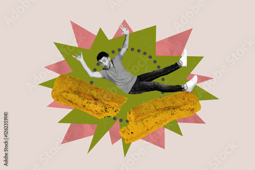Exclusive art banner collage of astonished man fall broke half brad loaf baguette nutrition wheat bakery market shock grain