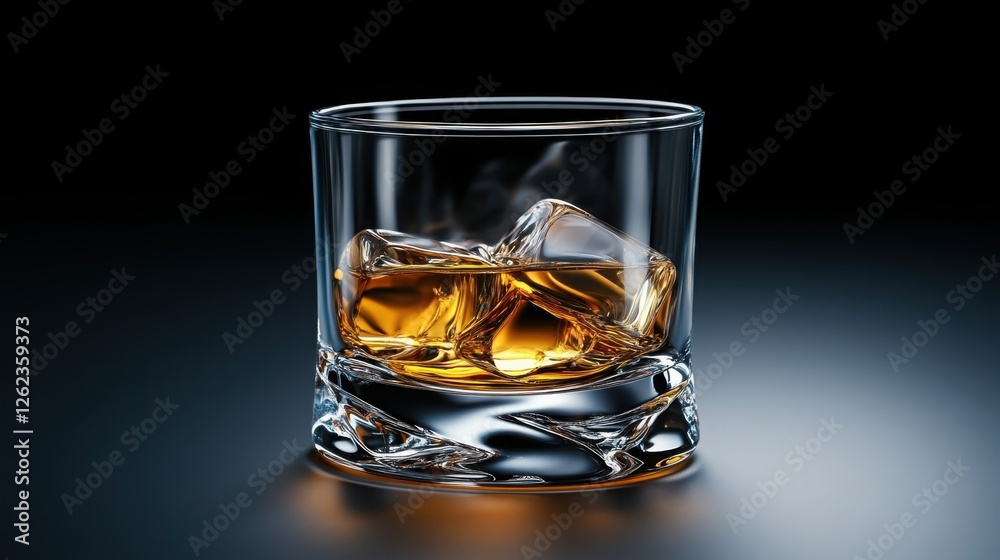 Elegant Glass of Whiskey with Ice Cubes on a Dark Background, Perfect for Upscale Drink Promotions and Contemporary Bar Settings Elegant Glass of Whiskey with Ice Cubes on a Dark Background, Perfect for Upscale Drink Promotions and Contemporary Bar Settings