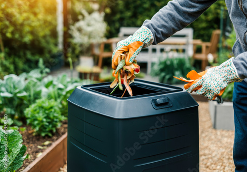 Garden composting activity in a backyard during daylight hours with fresh vegetable scraps being added to a compost bin photo
