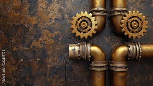 Rusty industrial pipes with gears in a steampunk style on a textured surface