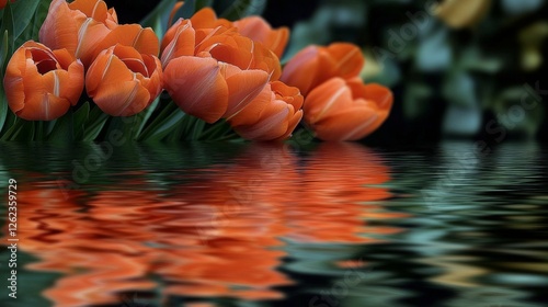 Blossoms reflect on serene water surface during tranquil morning in a vibrant...