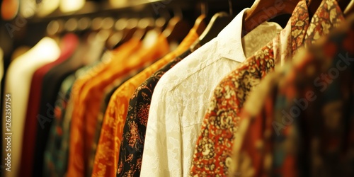 Fashion Retail: A vibrant display of patterned shirts hanging on a rack in a boutique, showcasing a curated selection of stylish designs, inviting customers to explore their sartorial options.