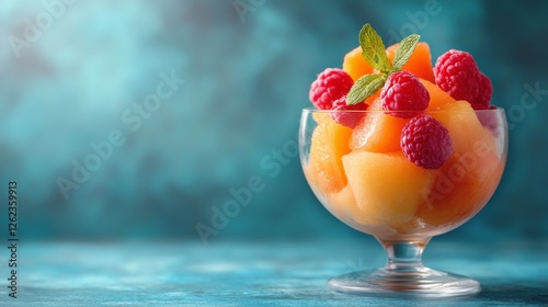 Colorful fruit sorbet served in a glass bowl with vibrant background