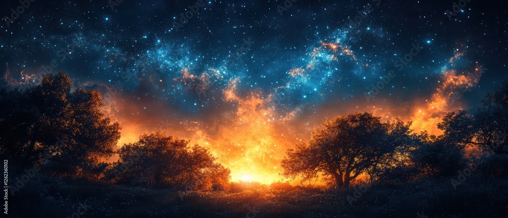 Fototapeta premium Starry Night Sky with Vibrant Colors and Trees