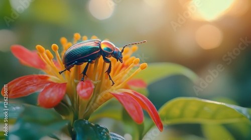 Beetle resting on yellow flowers at sunrise in a garden