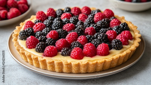 Fresh berry tart with raspberries and blackberries on a plate