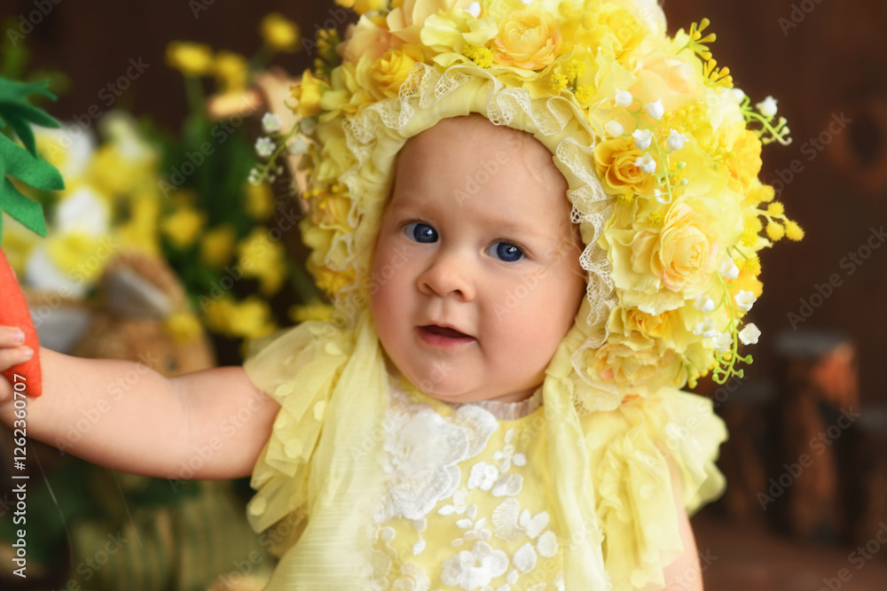 Portrait of a little girl in a yellow suit. Girl 7 months old sitting. Little child in a hat made of flowers. Little child holding a carrot in his hands Portrait of a little girl in a yellow suit. Girl 7 months old sitting. Little child in a hat made of flowers. Little child holding a carrot in his hands