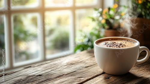 Warm cup of coffee on a wooden table surrounded by plants in a bright, cozy s...
