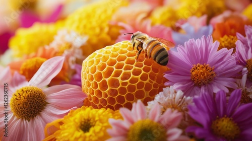 Bees collecting nectar from colorful blossoms near honeycomb on a bright sunn...