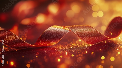 Sparkling red ribbon surrounded by golden bokeh lights creating a festive atm...