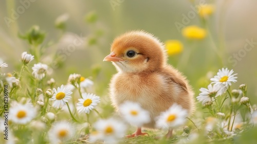 Small chick standing in a field of white flowers during a sunny afternoon