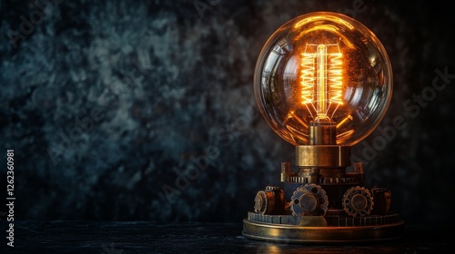 Vintage light bulb with warm glow illuminating a dark background