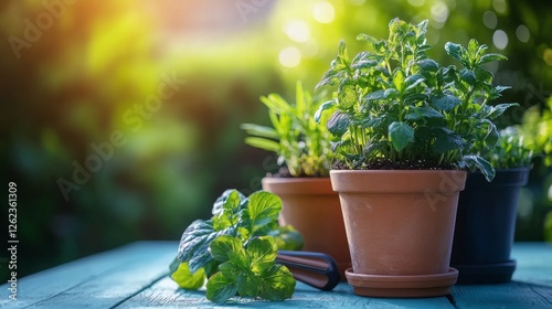 Garden herbs and plants arranged in pots with gardening tools against a textu...