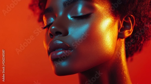 Young woman with sparkling makeup and vibrant blue eyes posing against a colo...