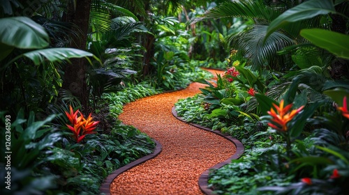 Lush green pathway winding through tropical foliage with vibrant flowers and ...