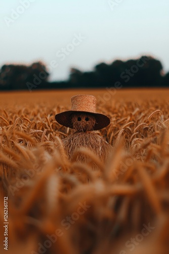 Scarecrow stands in field; deterrent for birds with rural, sunset background use