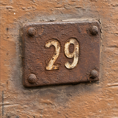 Close up of vintage metal number plate showing number 29 photo