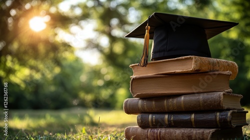 Graduating student cap resting on a stack of antique books in a green outdoor...