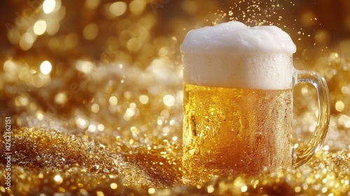Golden beer in a glass sitting on a sparkling surface surrounded by bubbles a...