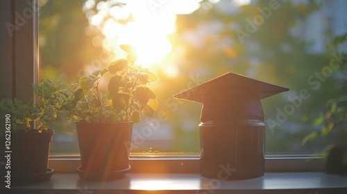 Graduation cap resting on books surrounded by lush greenery in a sunlit room