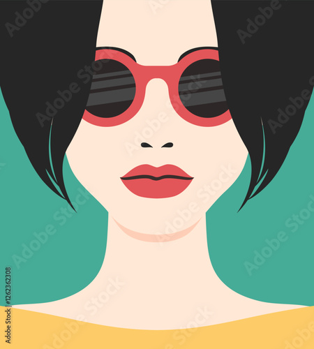Woman with bob haircut wearing sunglasses. Abstract minimalist portrait of a female face in sunglasses in retro style. Vector illustration