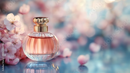 Elegant perfume bottle surrounded by delicate pink flowers in soft light