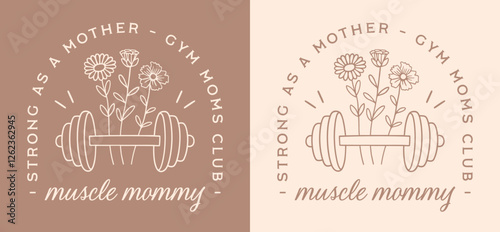 Muscle mommy gym moms club fitness fit sport crunchy mother's day birthday quotes printable card gift. Floral dumbbell retro beige aesthetic natural weight lifting strong as a mother shirt design.