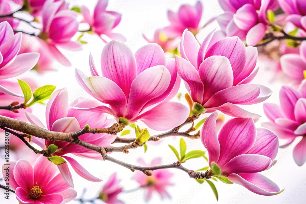 Pink Magnolia Branch with Blooming Flowers on White Background Pink Magnolia Branch with Blooming Flowers on White Background