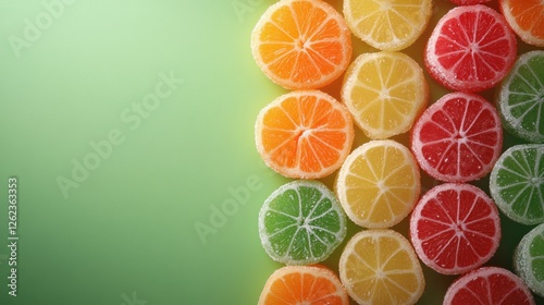 Colorful assortment of fruit-flavored candies scattered on a vibrant green ba...
