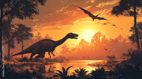 Prehistoric dinosaur silhouettes in sunset jungles landscape, vector Jurassic era background. T-rex dinosaur, giant lizards and prehistoric pterodactyl birds silhouettes in forest with sunset