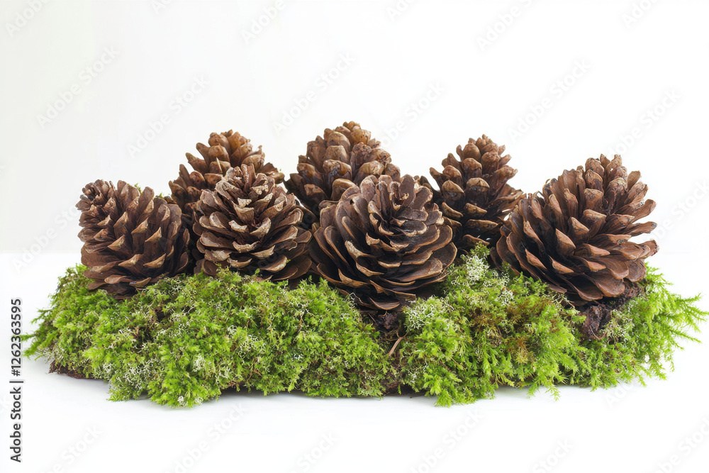 A serene arrangement of pine cones resting on lush green moss, offering a natural and earthy aesthetic against a clean white background. A serene arrangement of pine cones resting on lush green moss, offering a natural and earthy aesthetic against a clean white background.