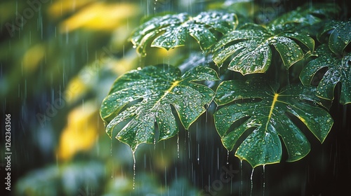 Dewdrops glisten on lush green leaves in a vibrant forest during early mornin...