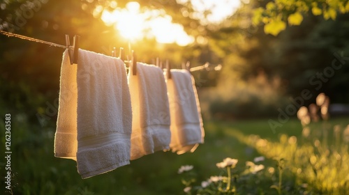 Soft white towels hang on a clothesline during sunset in a tranquil garden se...