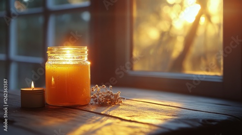 Warm candlelight illuminating a rustic table at sunset with a jar candle and ...