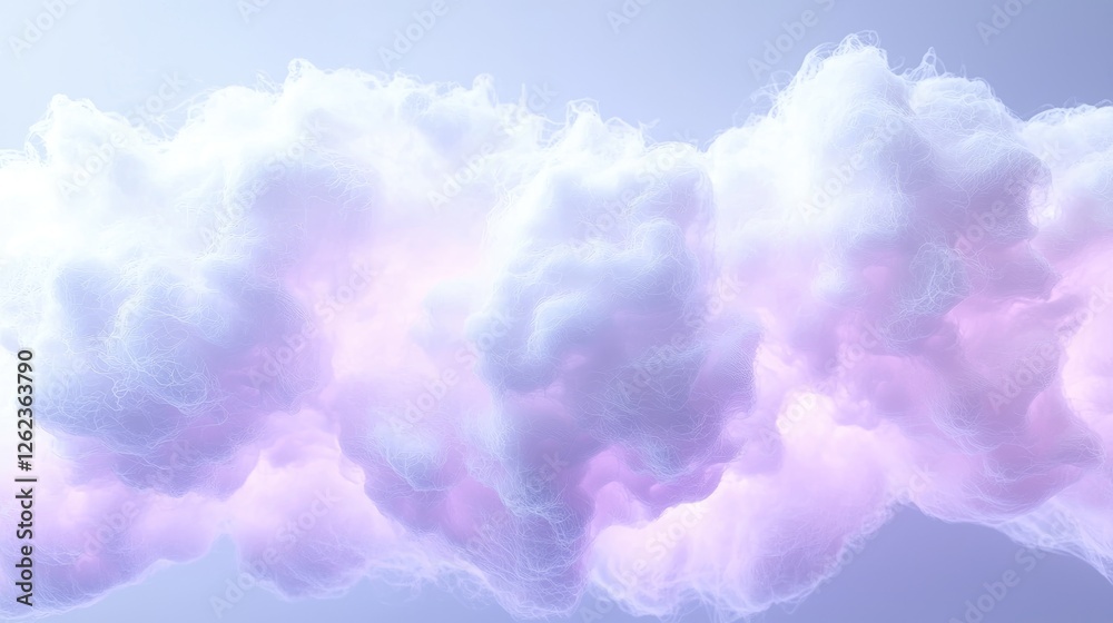 Fototapeta premium Fluffy pastel pink and purple clouds floating in a soft lavender sky.