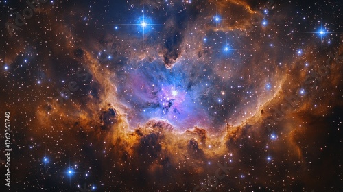 Colorful nebula with swirling gases and stars illuminated in the night sky ab...