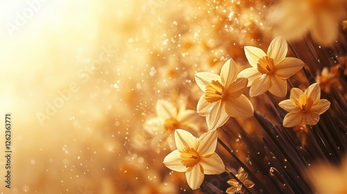 Bright daffodils in a warm glow celebrate springtime beauty in a vibrant outd...