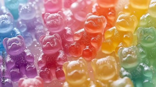 Colorful gummy bears arranged in a vibrant rainbow pattern on a shiny surface