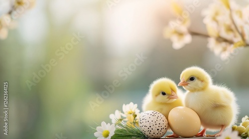Three adorable yellow chicks nestle sweetly among colorful Easter eggs and blooming spring flowers. This lively display captures the joy of Easter celebrations in a vibrant blurred backdrop