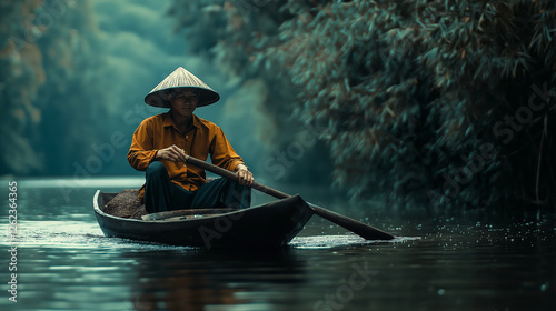 Traditioneller asiatischer Fischer in Kegelform-Hut rudernd in einem kleinen Holzboot auf einem ruhigen Fluss im Dschungel. Die gedämpfte Atmosphäre und Morgennebel schaffen eine zeitlose Szene photo