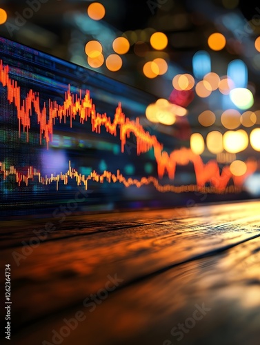 A close-up of a stock market graph displayed on a screen, overlaid on a wooden surface with blurred city lights in the background.