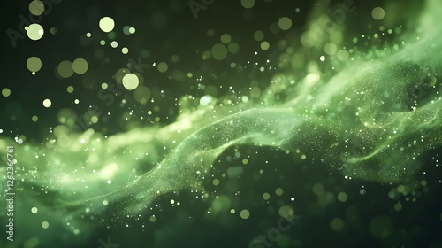 a green, ethereal, and abstract background with swirling, mist-like patterns and glowing particles, creating a sense of depth and movement