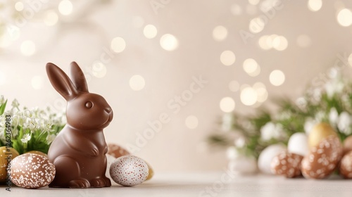 Close up of a chocolate bunny for Easter surrounded by colorful eggs and spring flowers set on a rustic table with a blurred light background creating a festive atmosphere photo